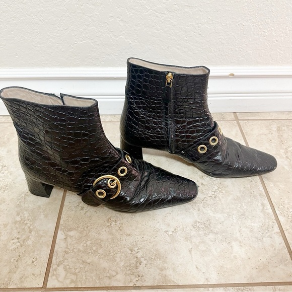 Authentic Prada Black Croc-Embossed Ankle Booties with Gold Accents - Picture 10 of 10